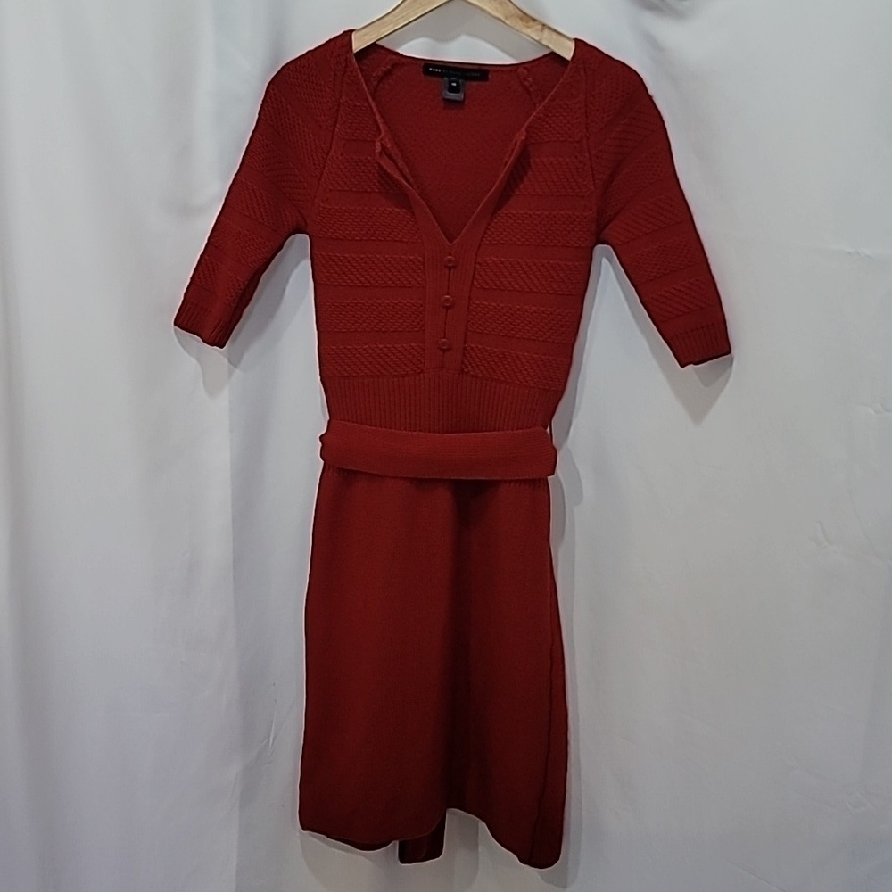 MARC JACOBS 100% Wool Half Sleeve Arm Button Down Belt Waist Dress Knee